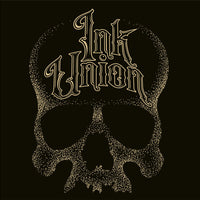 Black background with a gold dot work human skull and the words Ink Union in fancy gold and black lettering across the forehead of the skull.