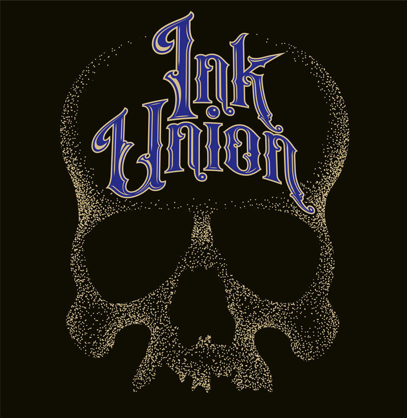 A square black background adorned with a gold dot work human skull and the words Ink Union in fancy gold and blue lettering across the forehead of the skull.