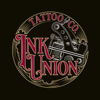 A black square adorned with the Ink Union Tattoo Co. red and gold with a Silver tattoo machine logo.