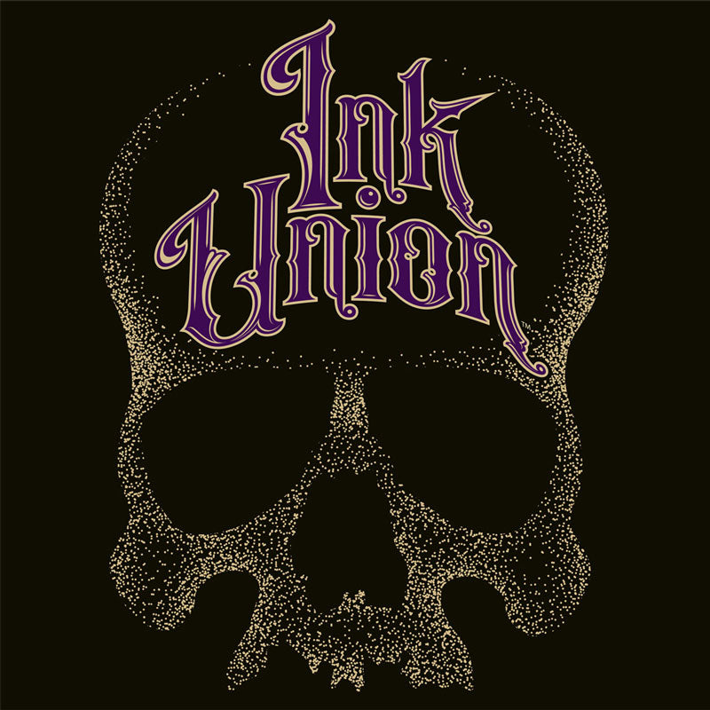 A square black background adorned with a gold dot work human skull and the words Ink Union in fancy gold and purple lettering across the forehead of the skull.