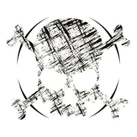 A white background adorned with a roughly cross-hatched skull and crossbones in white. Solid gold arcs give the image the impression of movement towards the end of the crossbones.