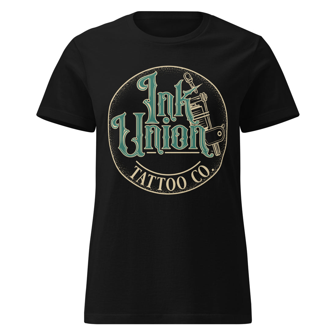 Black T-shirt with a logo of a gold circle containing fancy lettering in green and gold that says Ink Union and a gold tattoo machine peeking out from behind on the right side.  There is a dot work gradient inside the circle, and the words Tattoo Co. in gold are at the bottom of the design.