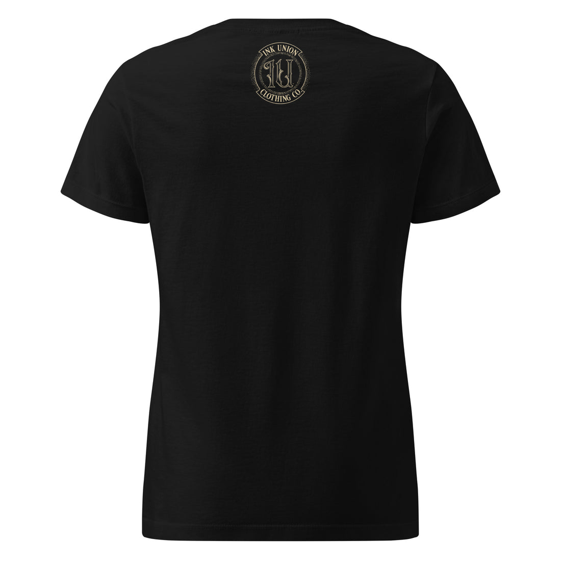 Back of black t-shirt with small Ink Union  Clothing Co. Logo at top of shirt in gold