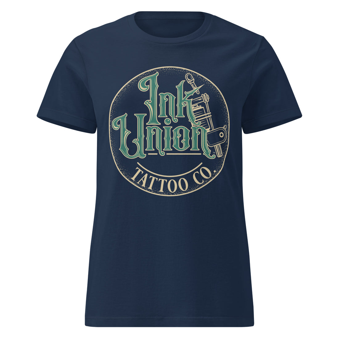 Navy T-shirt with a logo of a gold circle containing fancy lettering in green and gold that says Ink Union and a gold tattoo machine peeking out from behind on the right side.  There is a dot work gradient inside the circle, and the words Tattoo Co. in gold are at the bottom of the design.
