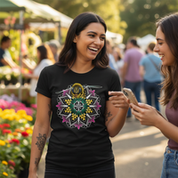 Honeycomb Mandala Tee — Tattooed South Asian female model wearing black Ink Union honeycomb mandala bee nature art unisex graphic tee laughing with friend at outdoor farmers market with colorful flowers and greenery in background — alternative streetwear, tattoo artist t-shirt, unisex graphic tee, nature art fashion