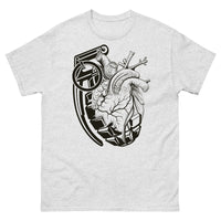 A light grey t-shirt with a black crescent moon and stars with an ornate moth in front of the bottom of the moon facing upward.