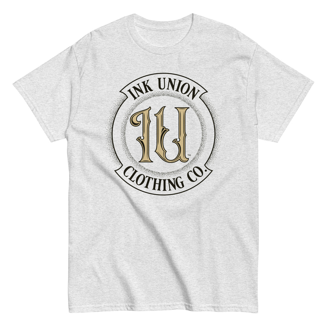 An ash grey t-shirt with the Ink Union Clothing Co Badge logo in black and gold centered on the front of the shirt.