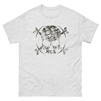 A light grey t-shirt adorned with a roughly cross-hatched skull and crossbones in black. Solid black arcs give the image the impression of movement towards the end of the crossbones.