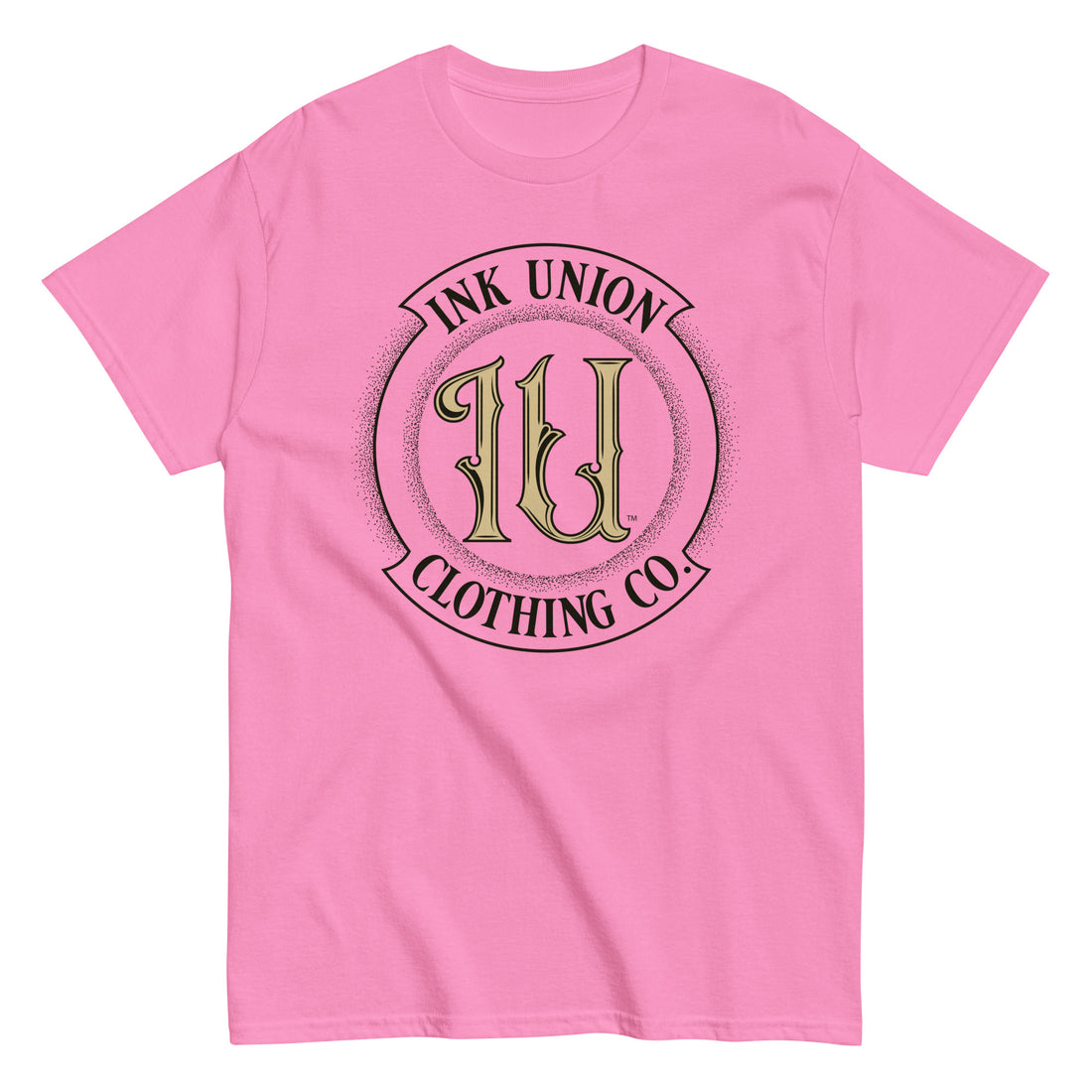 A pink t-shirt with the Ink Union Clothing Co Badge logo in black and gold centered on the front of the shirt.