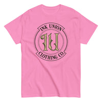 A pink t-shirt with the Ink Union Clothing Co Badge logo in black and gold centered on the front of the shirt.