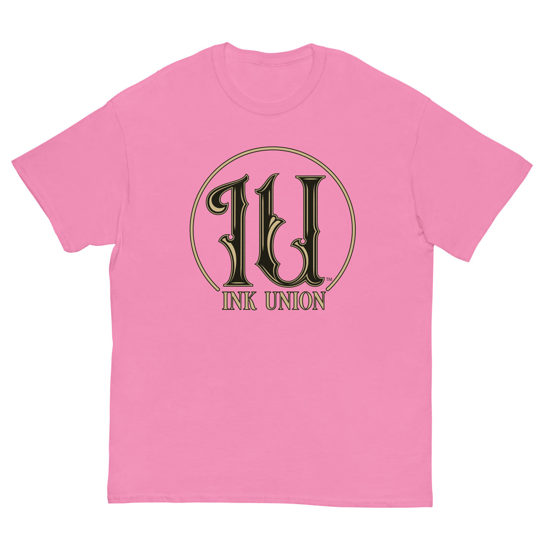 Ink Union Clothing Co. pink t-shirt featuring the Ink Union ring logo in black and gold.