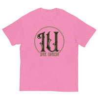 Ink Union Clothing Co. pink t-shirt featuring the Ink Union ring logo in black and gold.