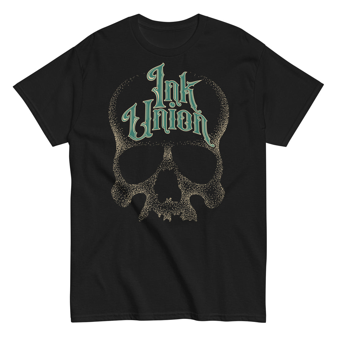 A black t-shirt  adorned with a gold dot work human skull and the words Ink Union in fancy gold and green lettering across the forehead of the skull.
