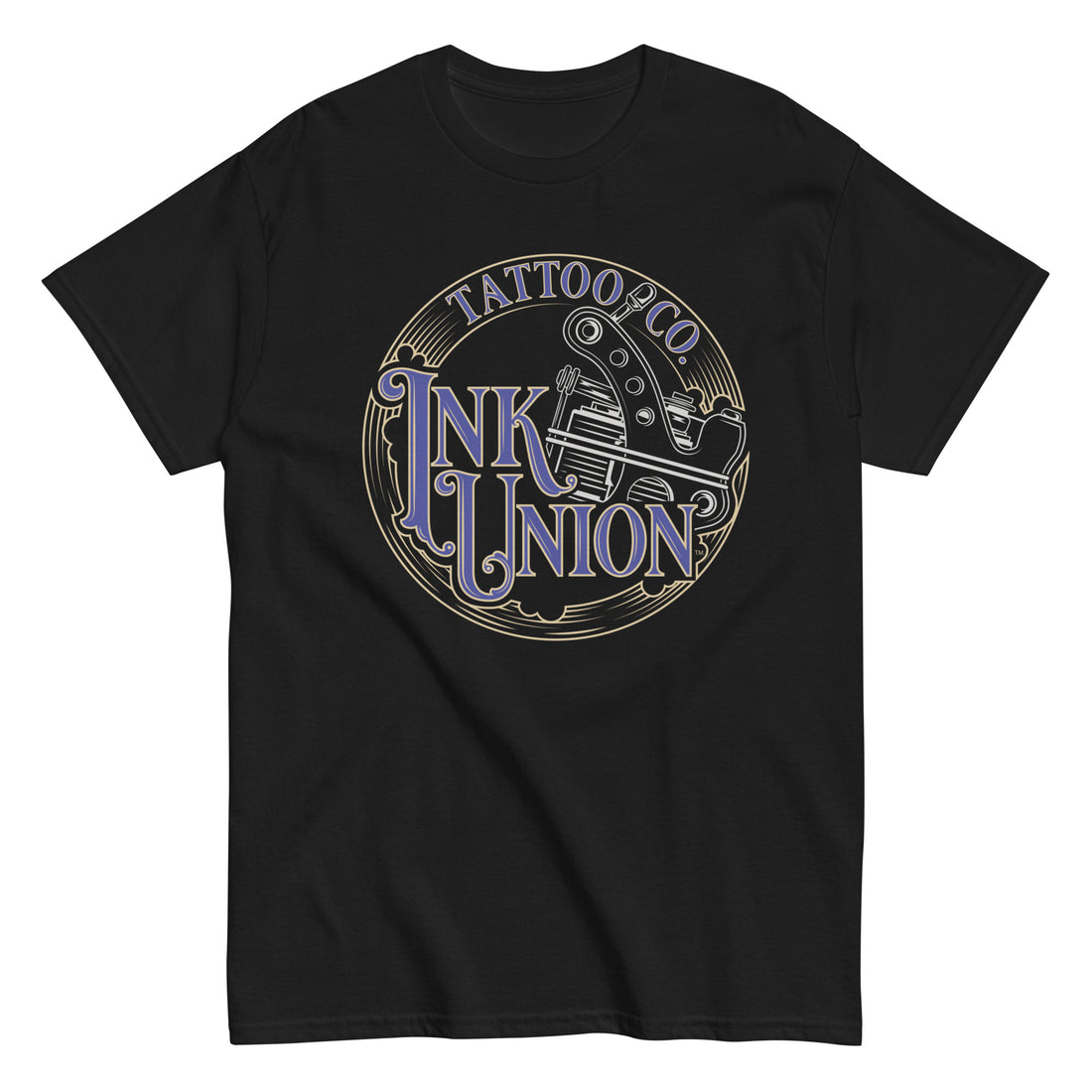 A black t-shirt adorned with the Ink Union Tattoo Co. blue and gold with a silver tattoo machine logo.