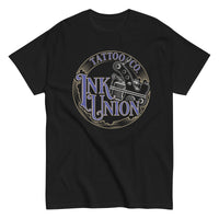 A black t-shirt adorned with the Ink Union Tattoo Co. blue and gold with a silver tattoo machine logo.