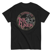 A black t-shirt adorned with the Ink Union Tattoo Co. red and gold with a silver tattoo machine logo.