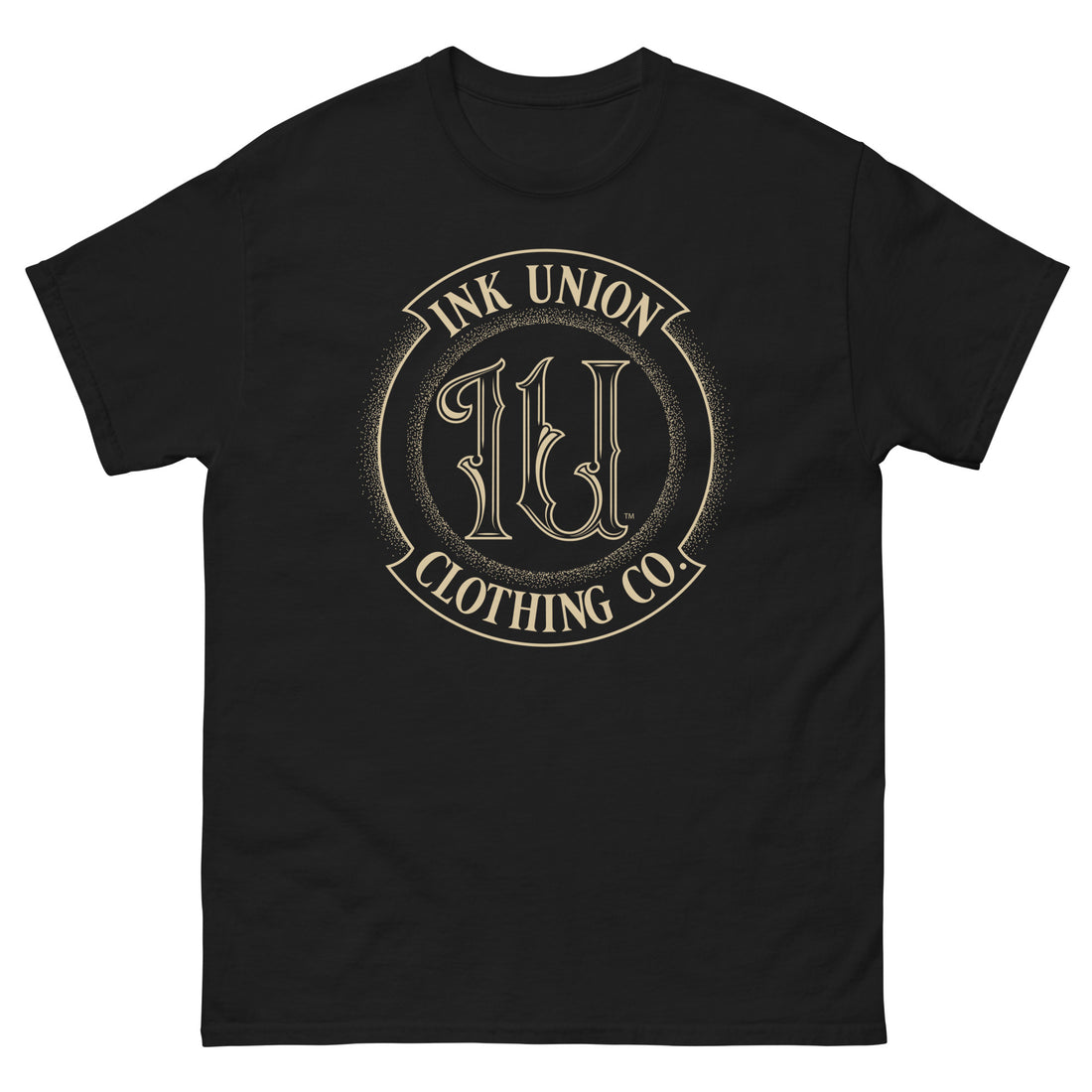 A black t-shirt adorned with the Ink Union Clothing Co gold badge logo containing fancy lettering and dot work gradients.