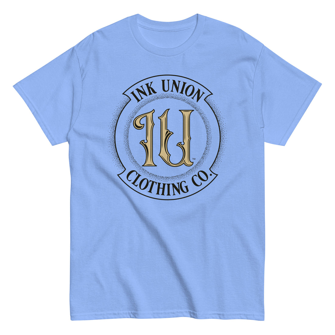 A periwinkle t-shirt with the Ink Union Clothing Co Badge logo in black and gold centered on the front of the shirt.