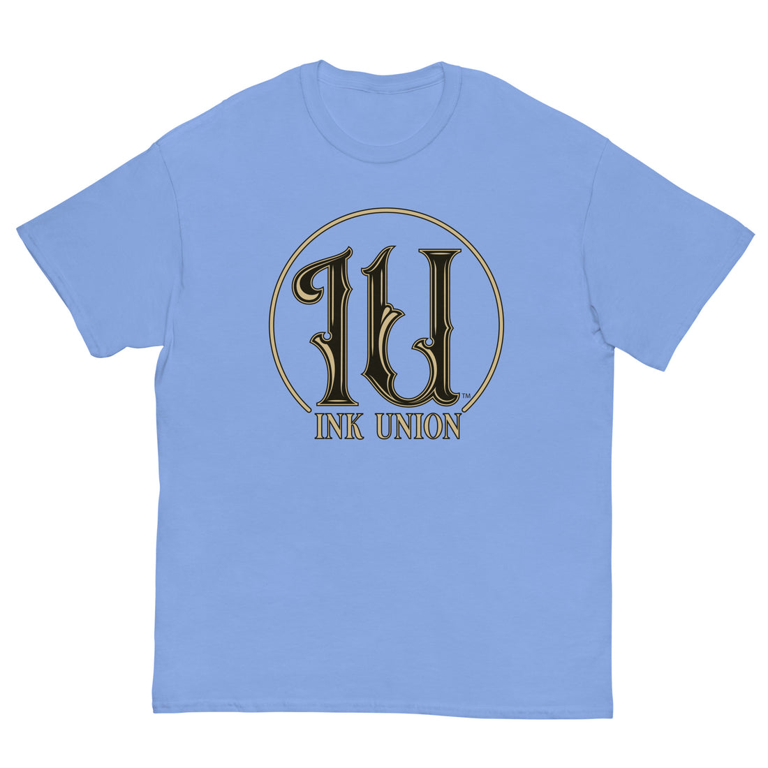 Ink Union Clothing Co. periwinkle t-shirt featuring the Ink Union ring logo in black and gold.