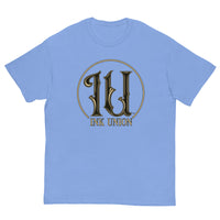 Ink Union Clothing Co. periwinkle t-shirt featuring the Ink Union ring logo in black and gold.