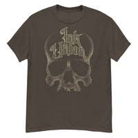 A dark chocolate brown t-shirt adorned with a gold dot work human skull and the words Ink Union in fancy gold and black lettering across the forehead of the skull.