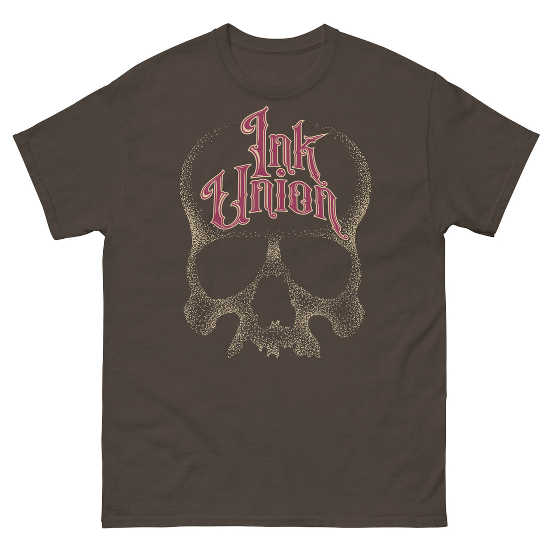 A dark chocolate brown t-shirt adorned with a gold dot work human skull  and the words Ink Union in fancy gold and red lettering across the forehead of the skull.