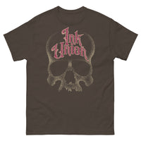 A dark chocolate brown t-shirt adorned with a gold dot work human skull  and the words Ink Union in fancy gold and red lettering across the forehead of the skull.