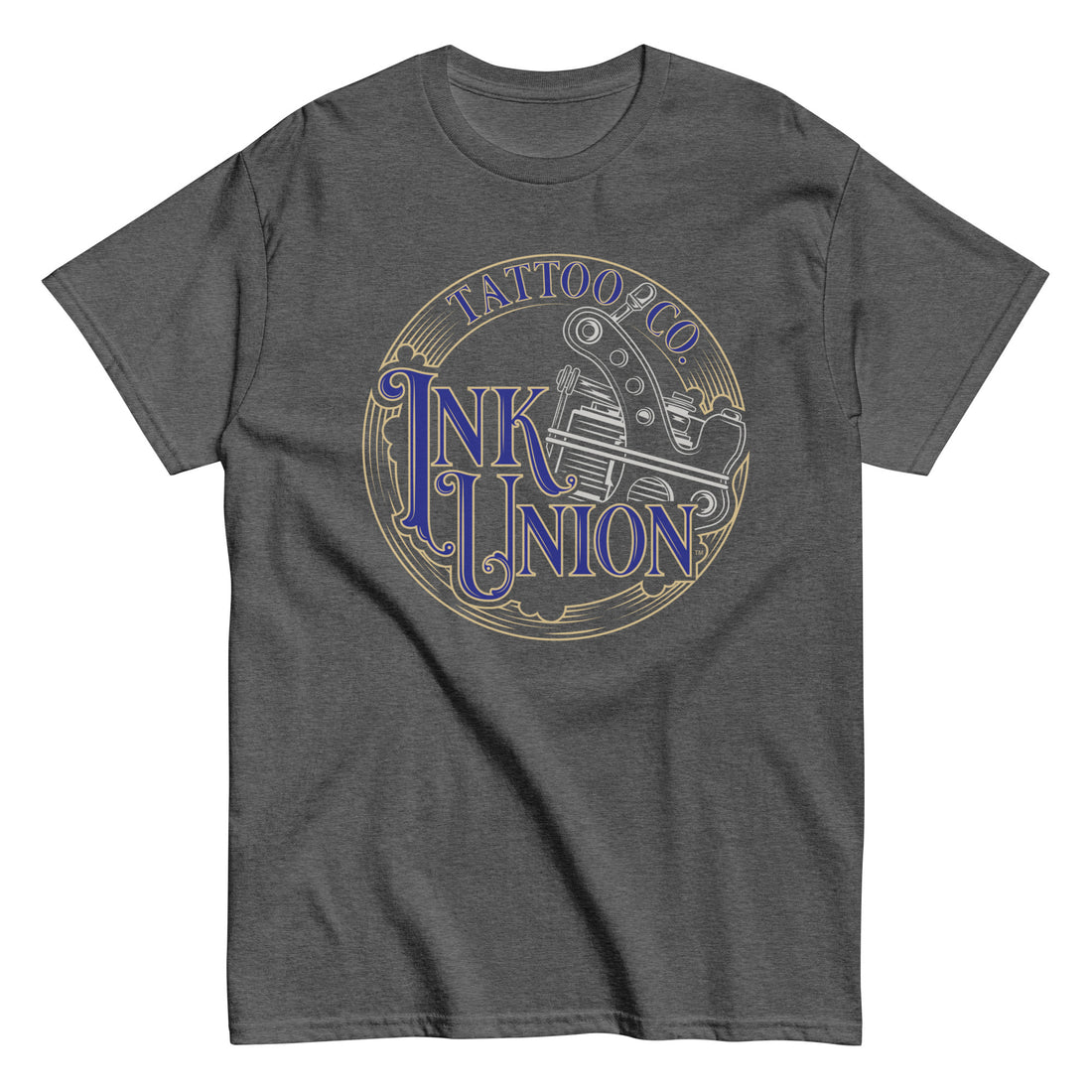 A dark grey t-shirt adorned with the Ink Union Tattoo Co. blue and gold with a silver tattoo machine logo.