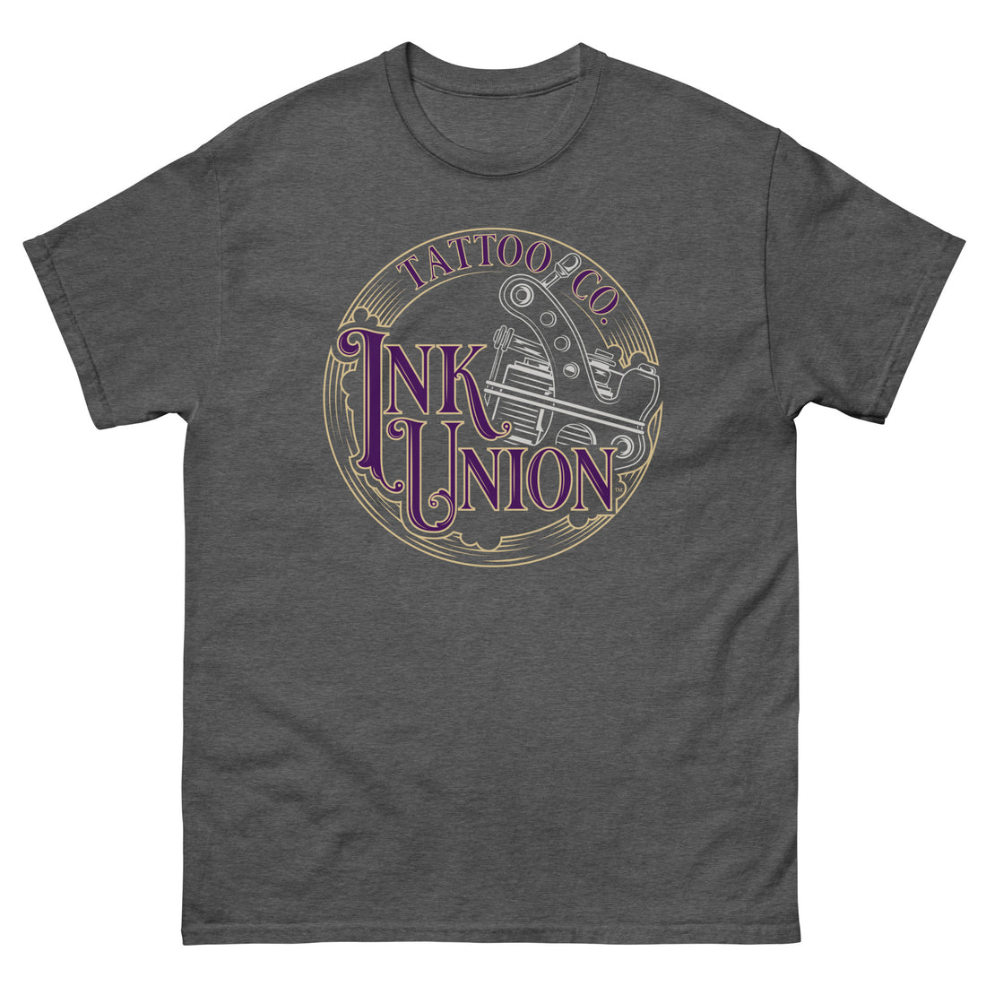 A dark grey t-shirt adorned with the Ink Union Tattoo Co. purple and gold with a silver tattoo machine logo.