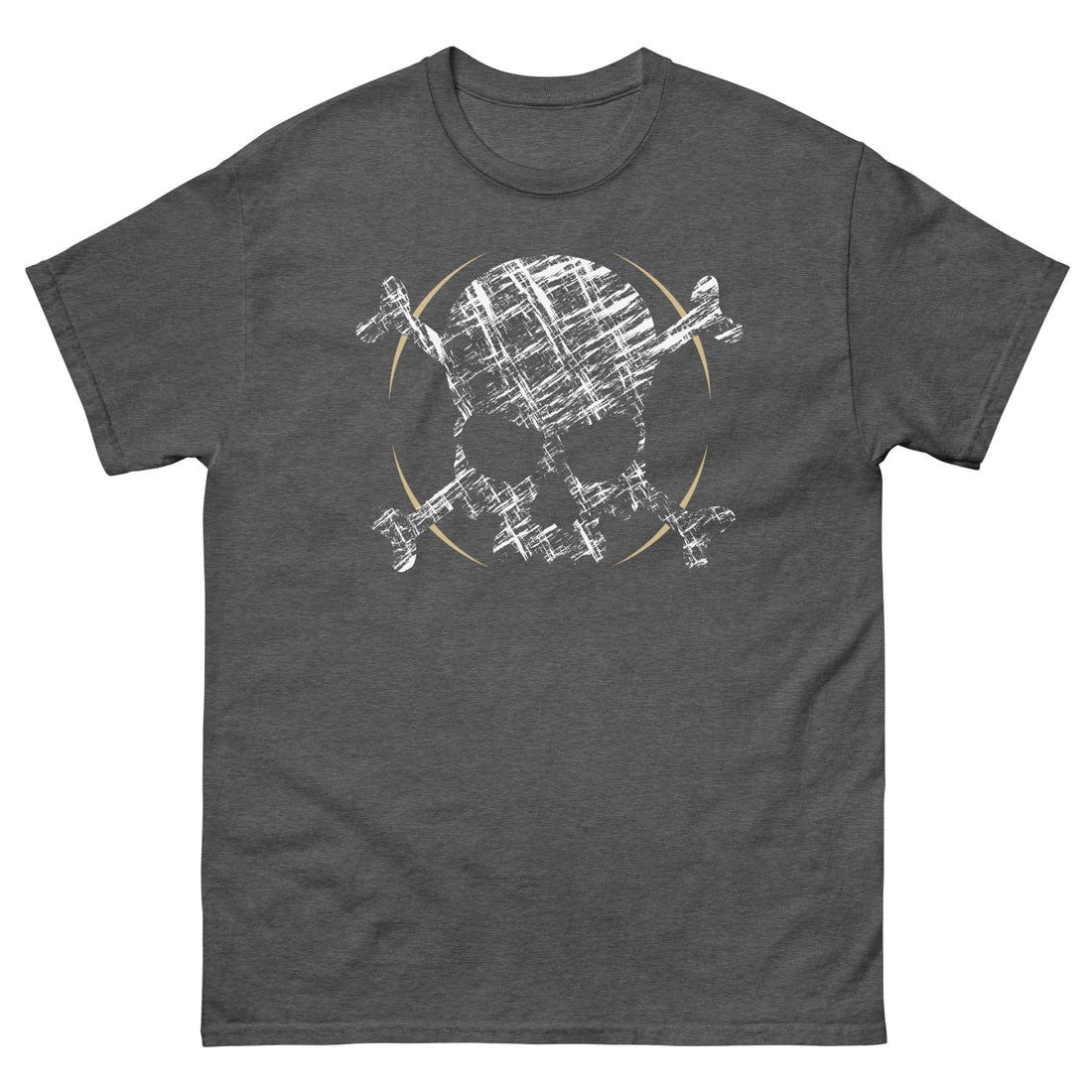 A dark grey t-shirt adorned with a roughly cross-hatched skull and crossbones in white.  Solid gold arcs give the image the impression of movement towards the end of the crossbones.