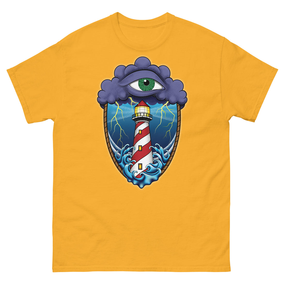 A golden yellow t-shirt with an old school eye of the storm tattoo design of large dark purple storm clouds at the top of the design with a green eye in the middle of the clouds.  Below the clouds is an oval shape with brown rope. Inside the rope are stormy seas and a lighthouse with lightning striking in the background.  At the bottom of the design, some of the waves are spilling out of the rope barrier. The sky and seas are hues of blue; the lighthouse is white and red striped like a barber pole.