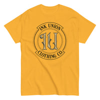 A yellow t-shirt with the Ink Union Clothing Co Badge logo in black and gold centered on the front of the shirt.