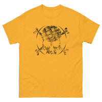 A yellow t-shirt adorned with a roughly cross-hatched skull and crossbones in black. Solid black arcs give the image the impression of movement towards the end of the crossbones.