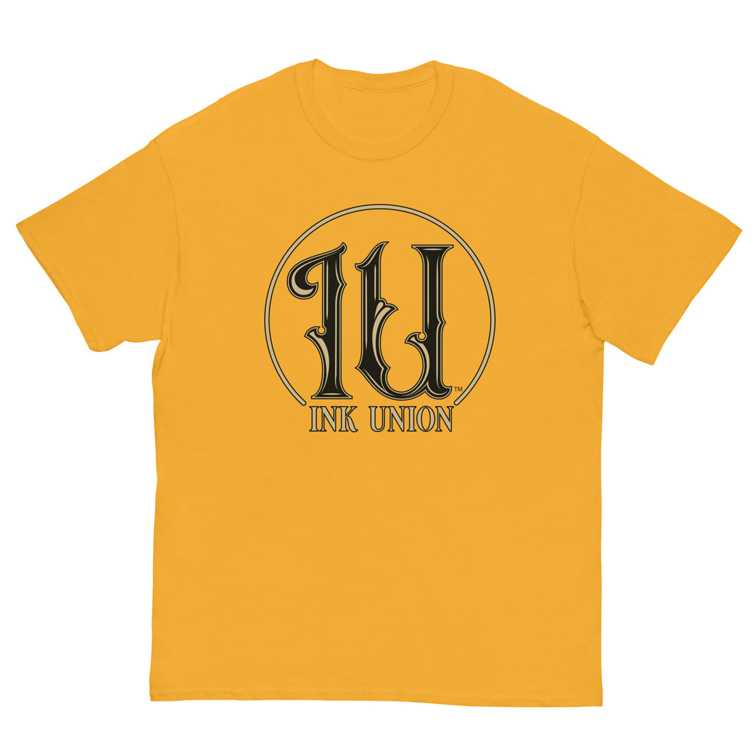 Ink Union Clothing Co. yellow t-shirt featuring the Ink Union ring logo in black and gold.