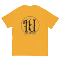 Ink Union Clothing Co. yellow t-shirt featuring the Ink Union ring logo in black and gold.