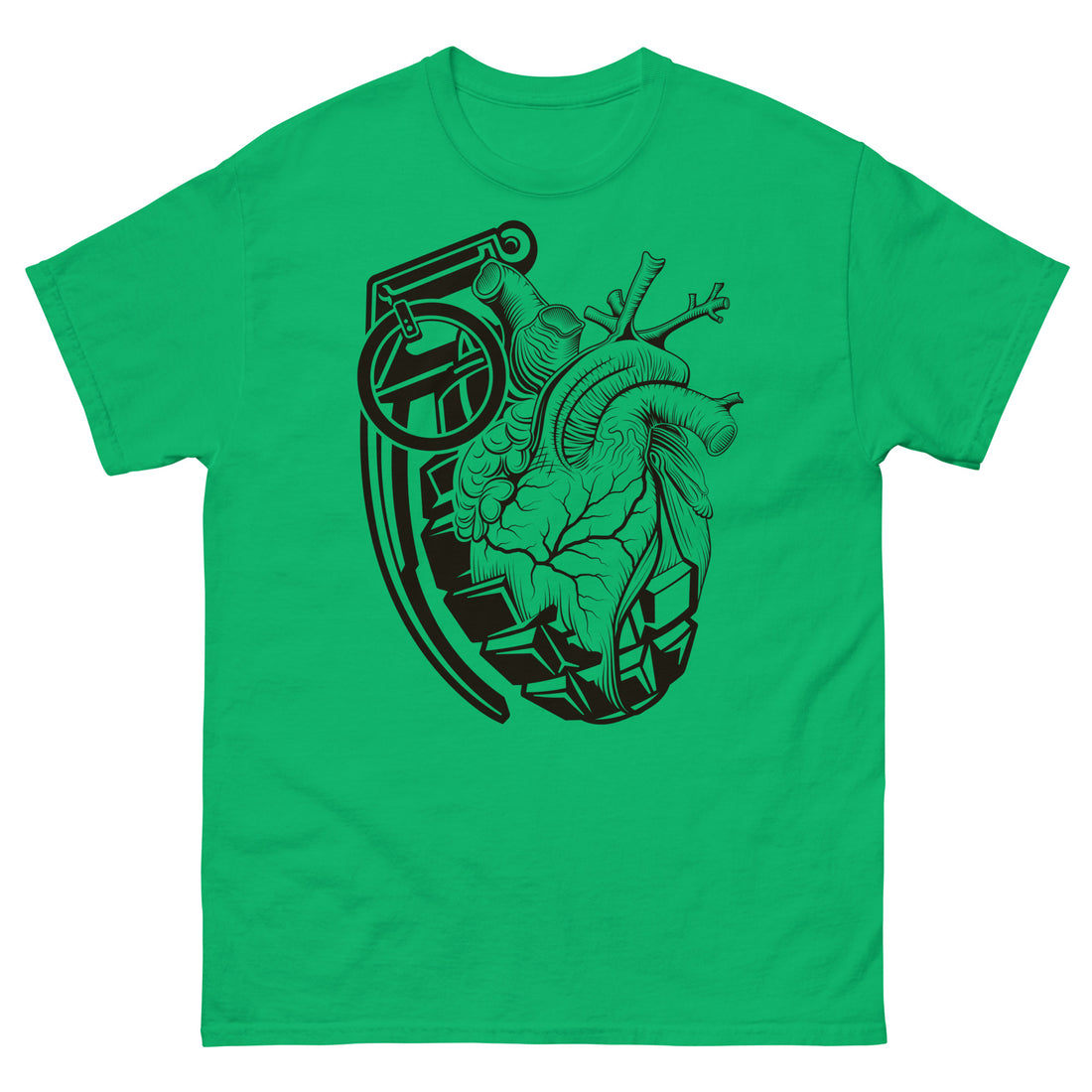 A green t-shirt with a black grenade of sold color and line work morphing into an anatomical heart drawn using line work and hatching for shading at the top right of the image.