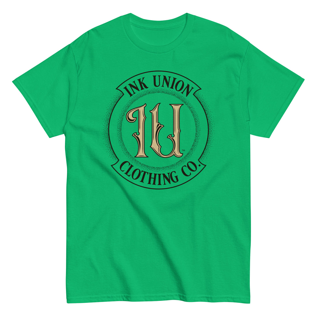 A bright green t-shirt with the Ink Union Clothing Co Badge logo in black and gold centered on the front of the shirt.