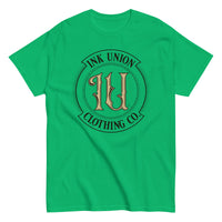 A bright green t-shirt with the Ink Union Clothing Co Badge logo in black and gold centered on the front of the shirt.