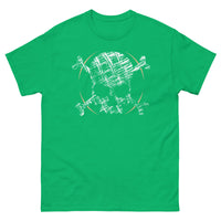 A green t-shirt adorned with a roughly cross-hatched skull and crossbones in white.  Solid gold arcs give the image the impression of movement towards the end of the crossbones.