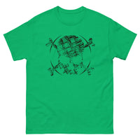 A green t-shirt adorned with a roughly cross-hatched skull and crossbones in black. Solid black arcs give the image the impression of movement towards the end of the crossbones.