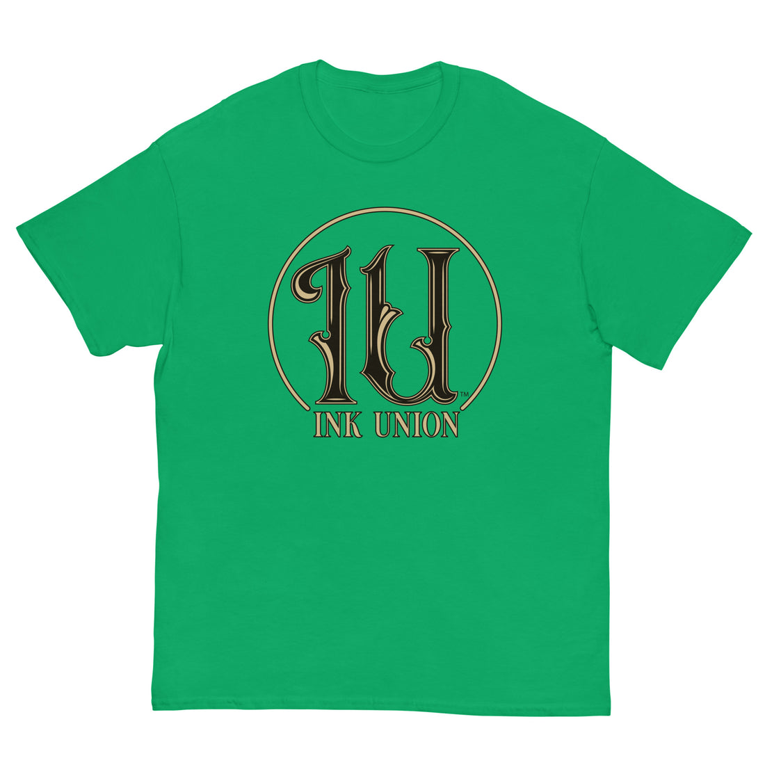 Ink Union Clothing Co. green t-shirt featuring the Ink Union ring logo in black and gold.