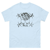 A light blue t-shirt adorned with a roughly cross-hatched skull and crossbones in black. Solid black arcs give the image the impression of movement towards the end of the crossbones.
