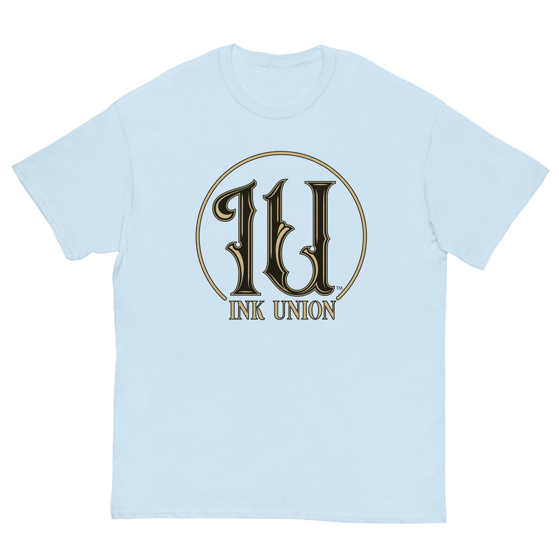 Ink Union Clothing Co. light blue t-shirt featuring the Ink Union ring logo in black and gold.