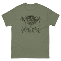 A military green t-shirt adorned with a roughly cross-hatched skull and crossbones in black. Solid black arcs give the image the impression of movement towards the end of the crossbones.