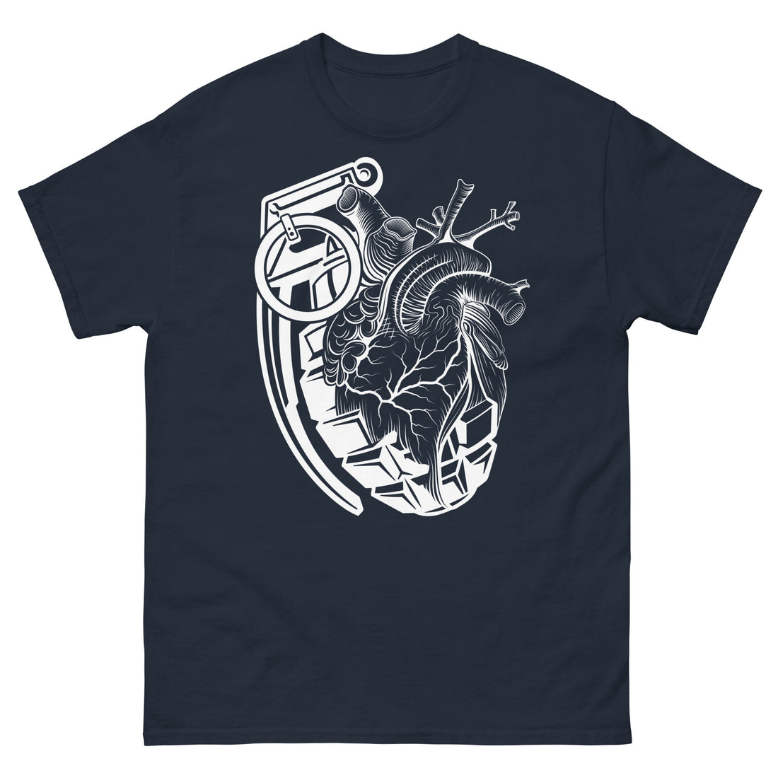 A navy blue t-shirt with a white grenade of sold color and line work morphing into an anatomical heart drawn using line work for shading at the top right of the image.