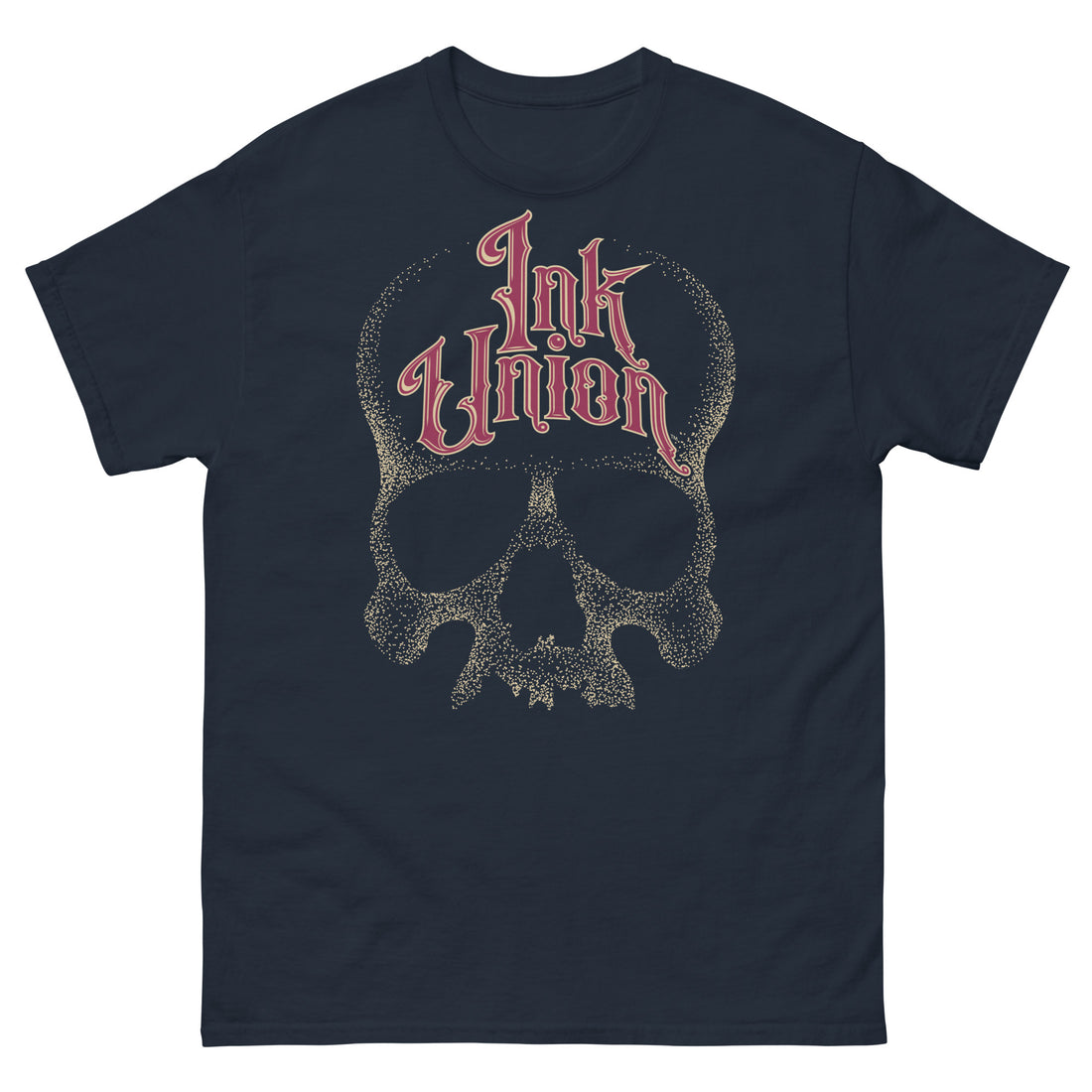 A navy blue t-shirt adorned with a gold dot work human skull  and the words Ink Union in fancy gold and red lettering across the forehead of the skull.