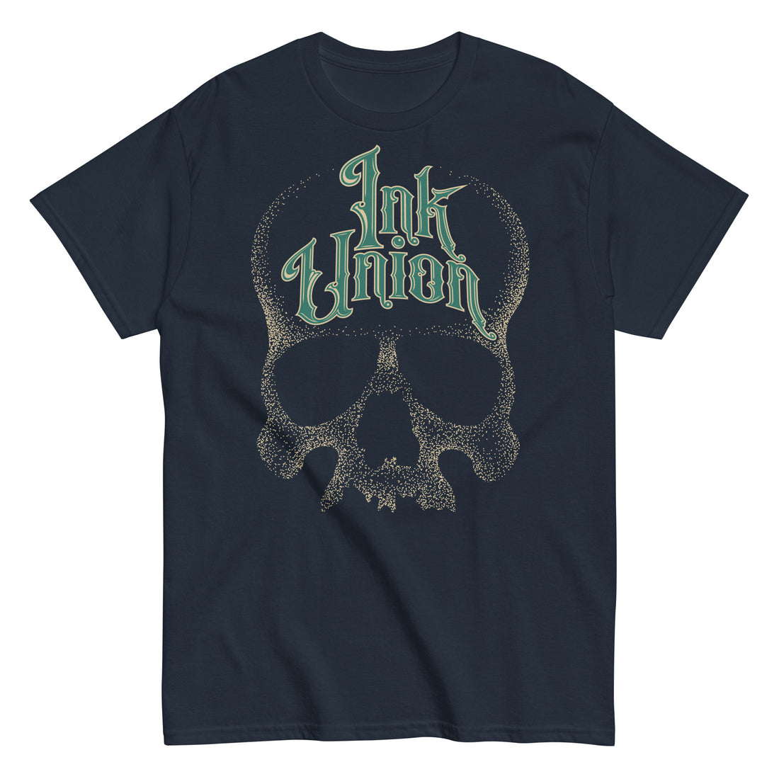 A navy blue t-shirt  adorned with a gold dot work human skull and the words Ink Union in fancy gold and green lettering across the forehead of the skull.