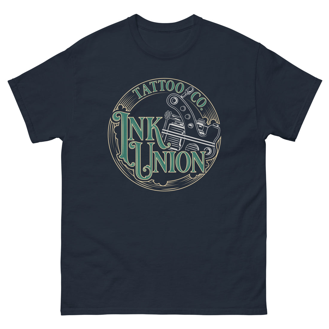 A navy blue t-shirt adorned with the Ink Union Tattoo Co. green and gold with a Silver tattoo machine logo.