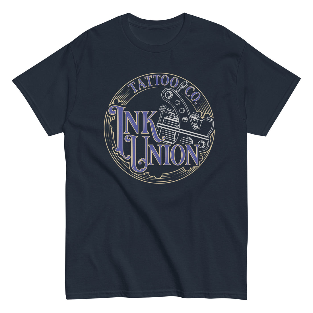 A navy-blue t-shirt adorned with the Ink Union Tattoo Co. blue and gold with a silver tattoo machine logo.