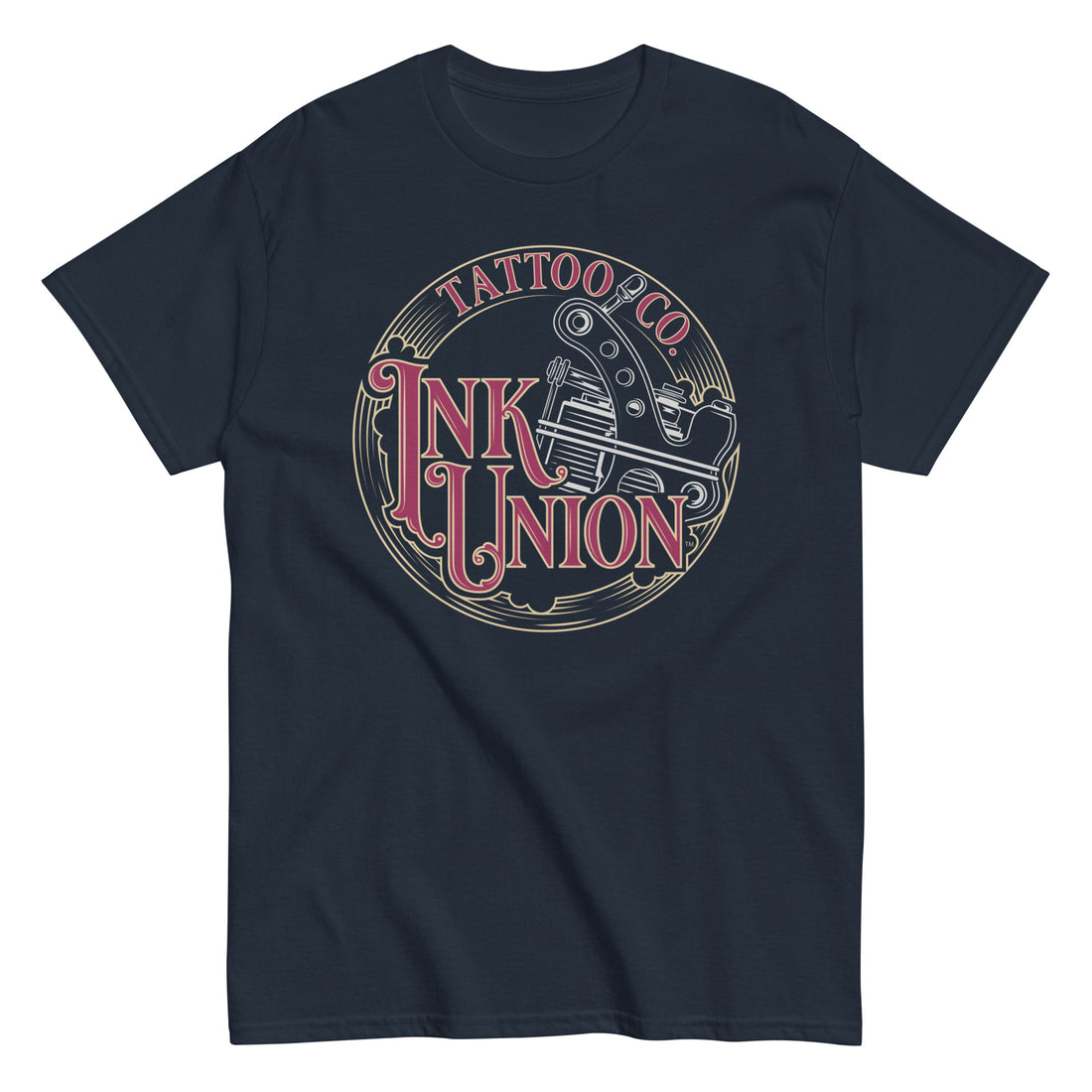 A navy-blue t-shirt adorned with the Ink Union Tattoo Co. red and gold with a silver tattoo machine logo.